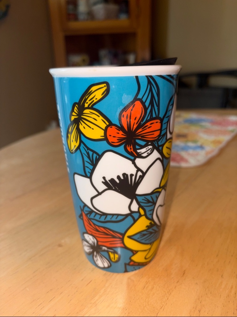 Starbucks Blue Floral Travel Mug with White, Yellow & Orange Flowers